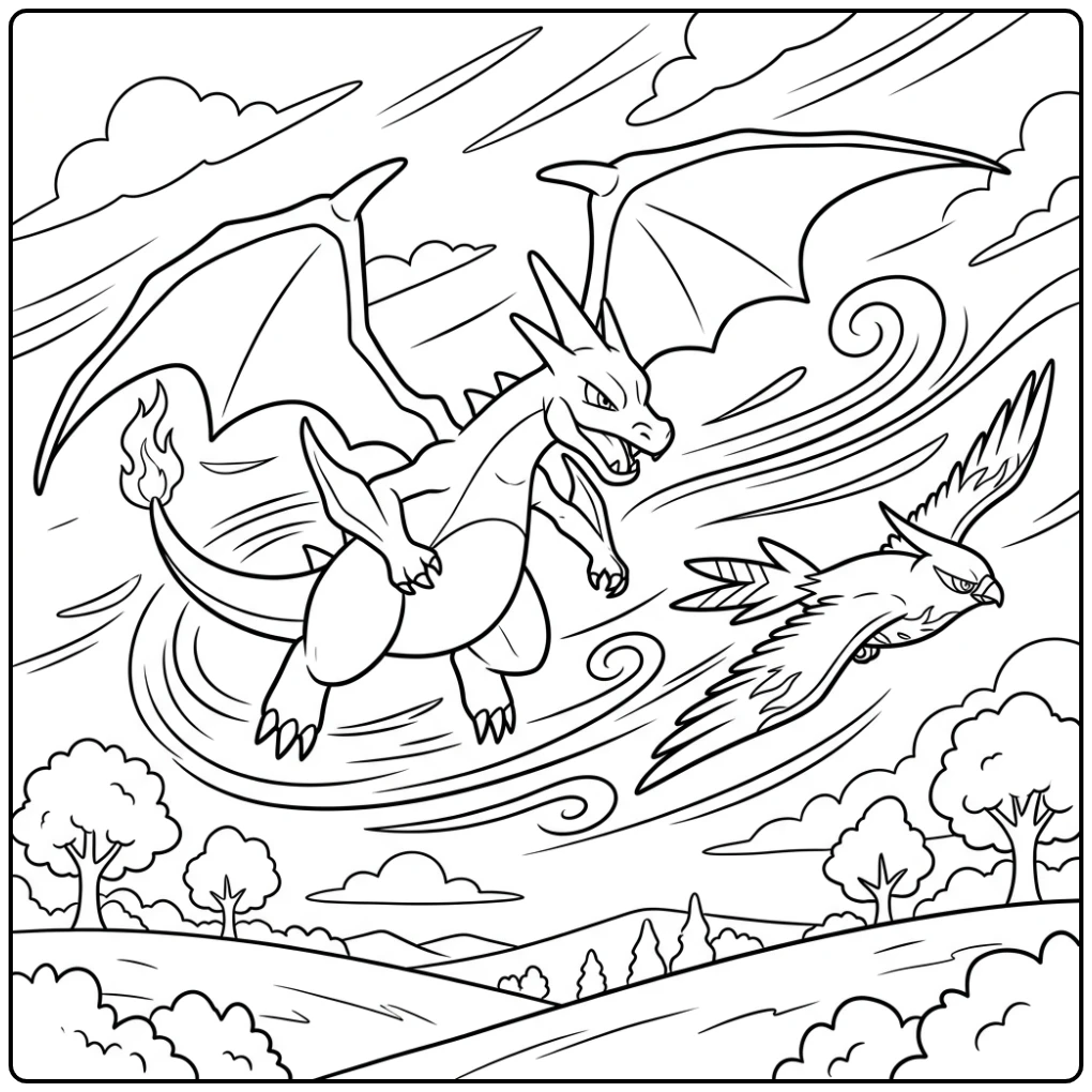 Action-packed Pokemon Mega Charizard Y Flying Chase coloring page
