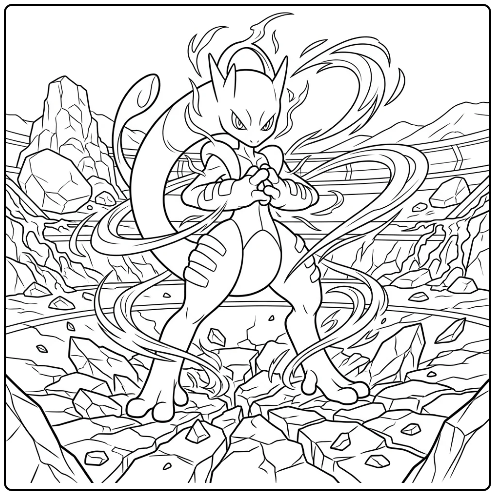 Action-packed Pokemon Mega Mewtwo with Energy coloring page