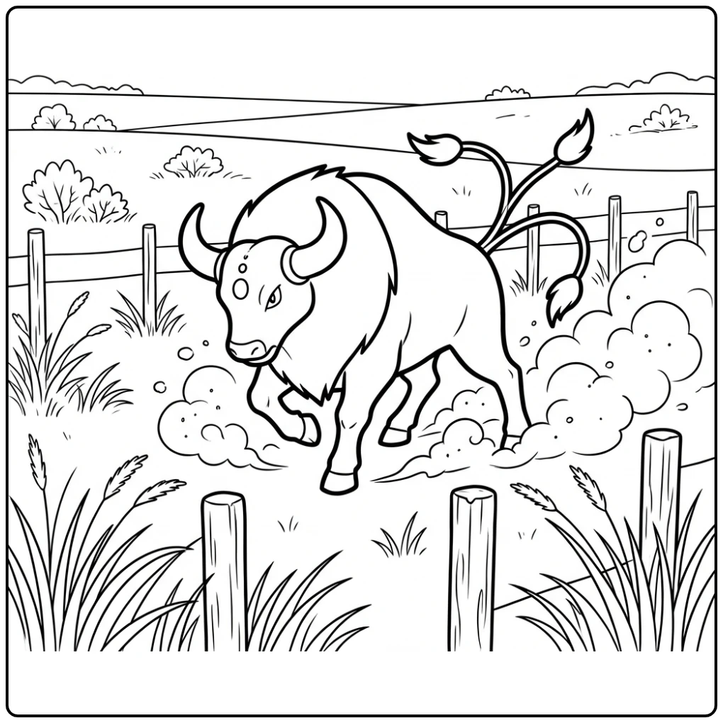 Action-packed Pokemon Tauros on the Open Prairie coloring page