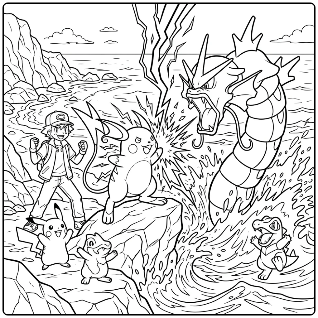 Action-packed Raichu Epic Battle at the Coast coloring page