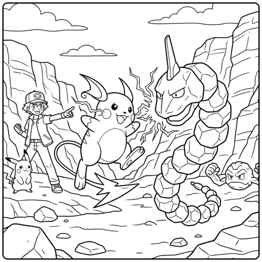 Action-packed Battle Among Raichu and Onix coloring page