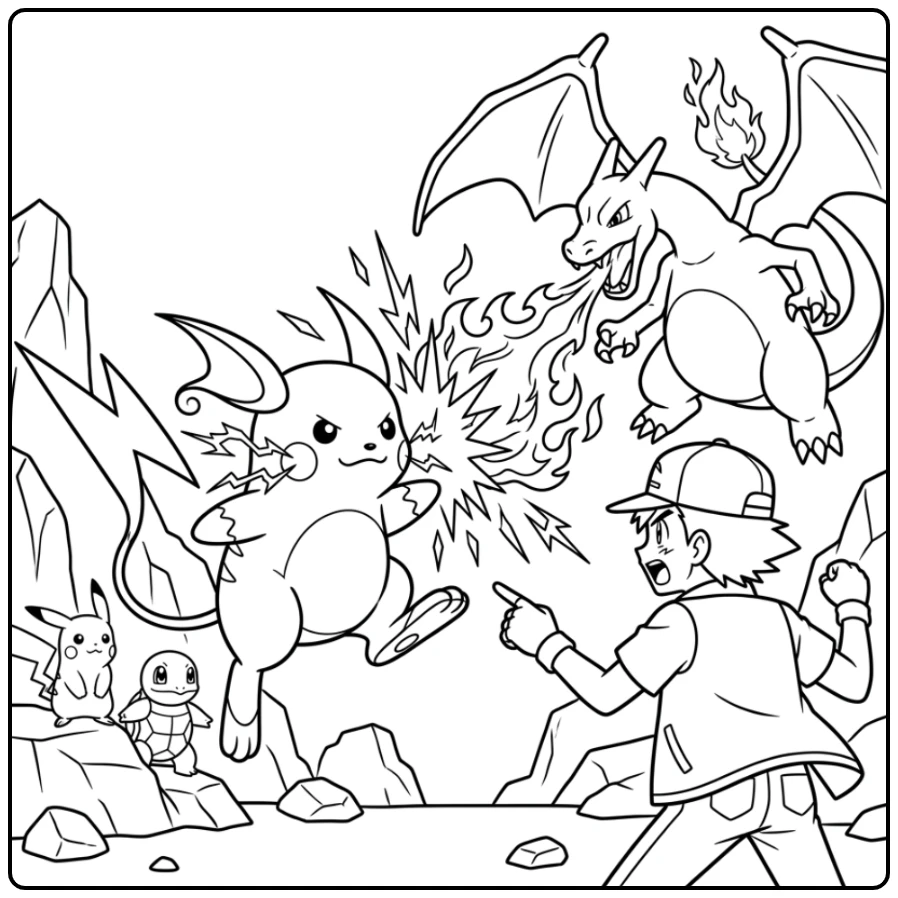 Action-packed Raichu Versus Charizard Battle coloring page