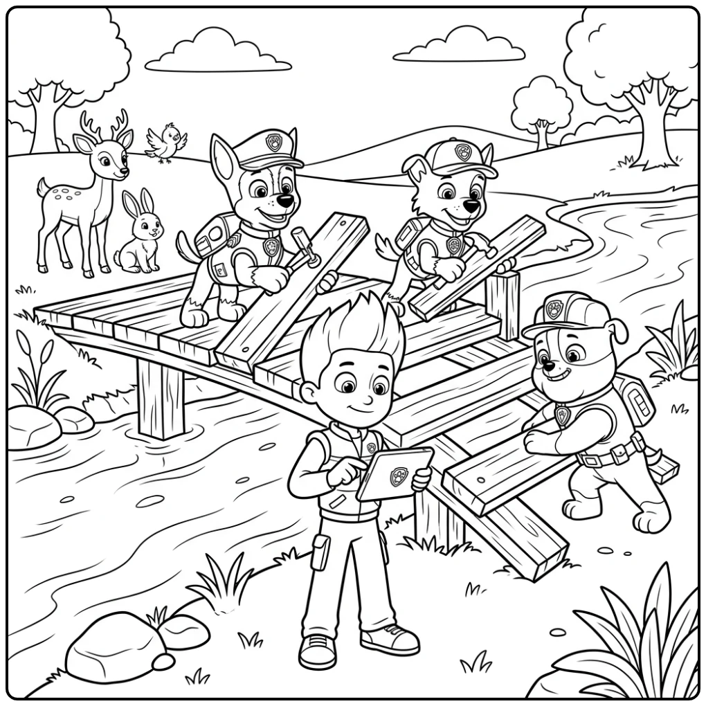 Action-packed Ryder Paw Patrol Bridge Rescue Mission coloring page