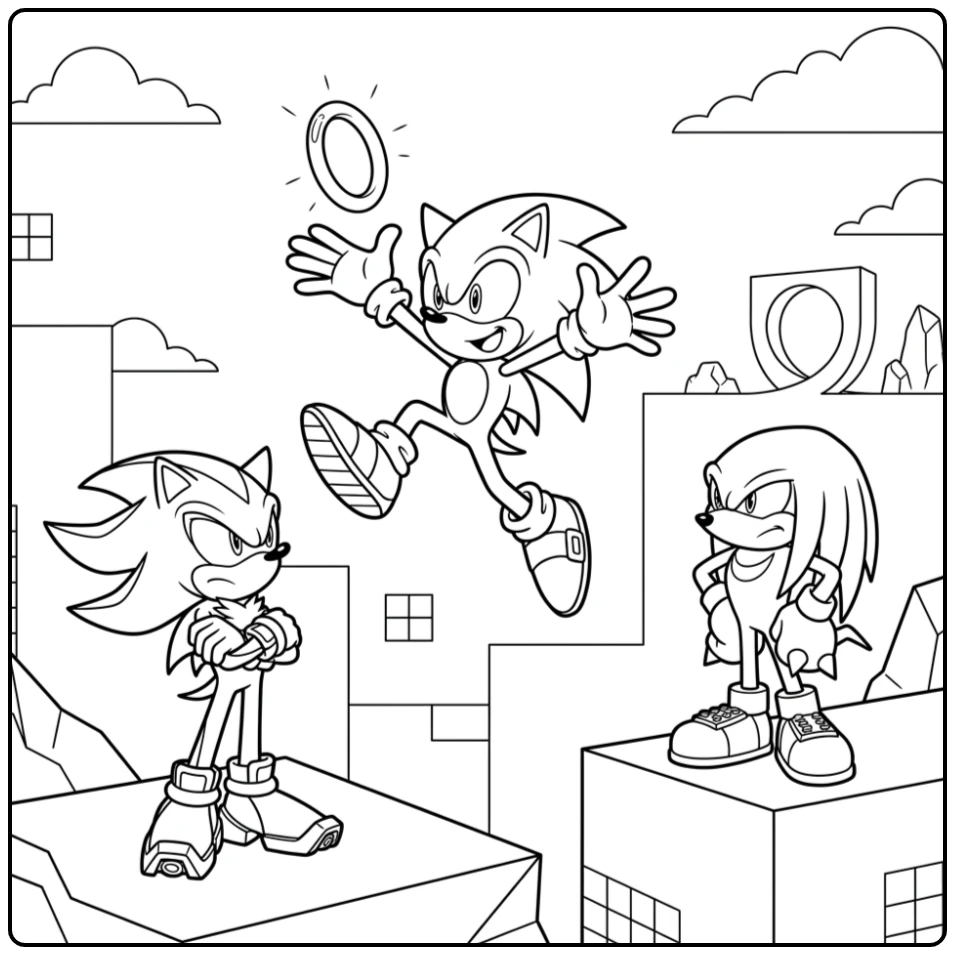 Sonic coloring page with a fast action adventure