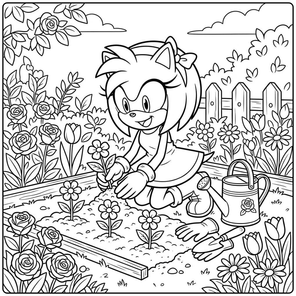 Amy Rose Enjoying Gardening and Flowers coloring page