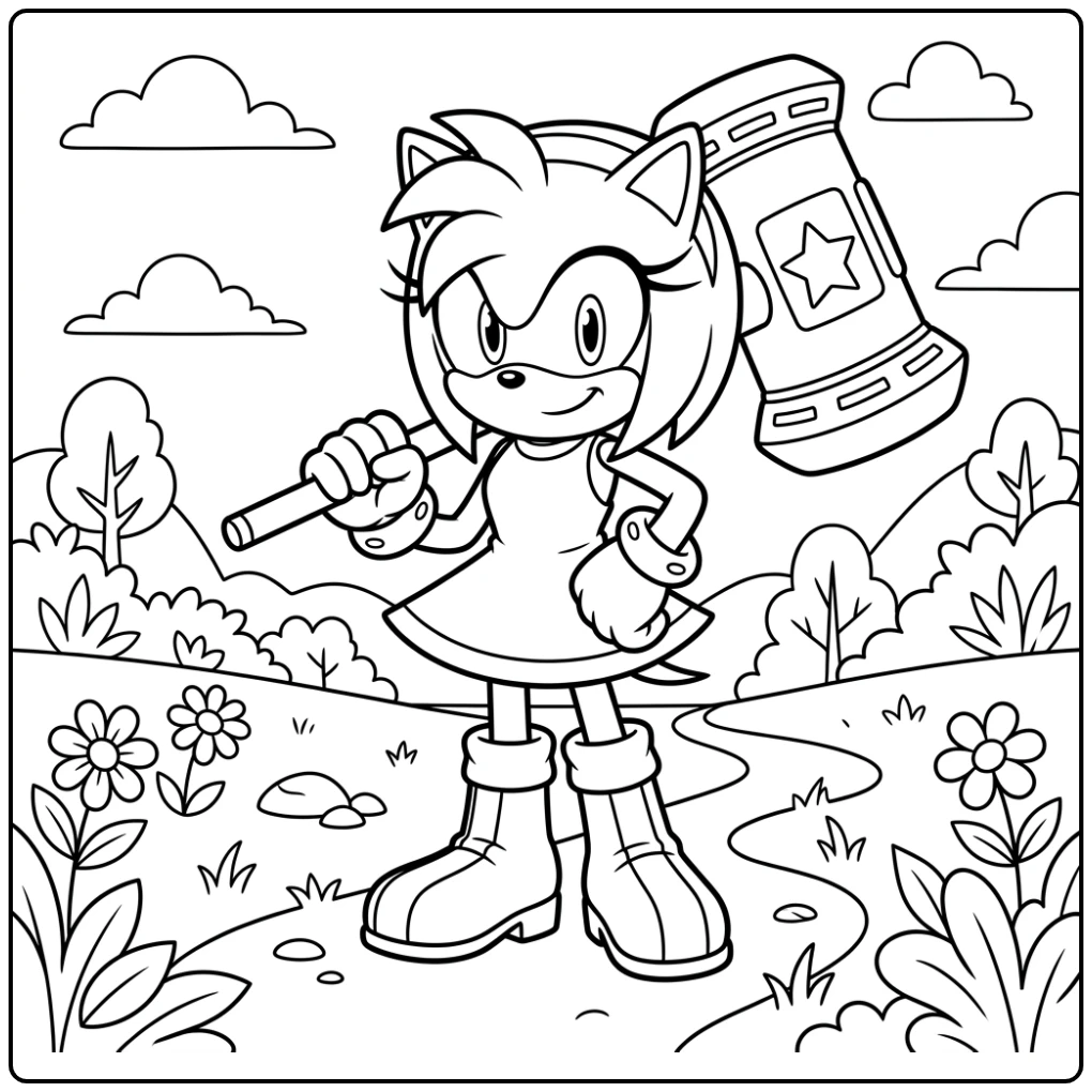 Amy Rose Proudly with Hammer and Smile coloring page