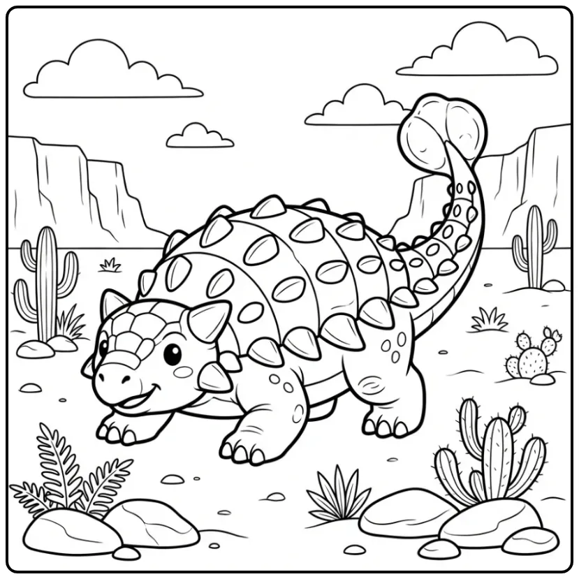 Ankylosaurus Dinosaur Desert Plants and Rocks coloring page