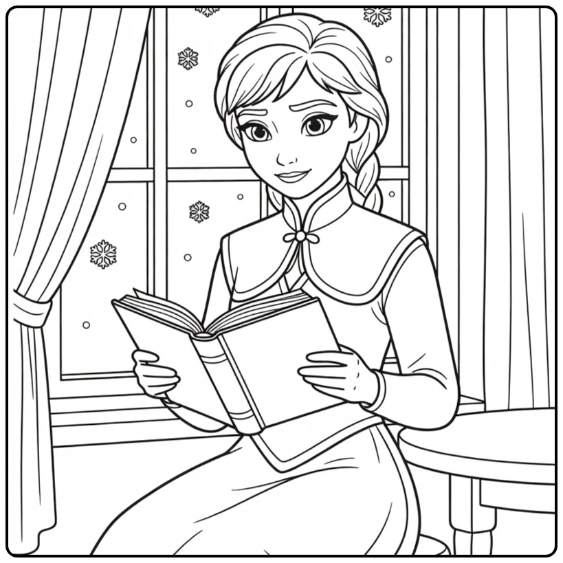 Anna Reading a Book with the Window coloring page