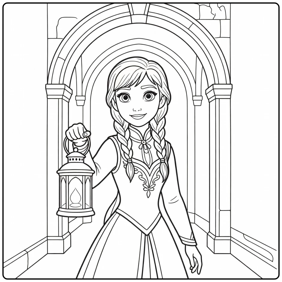 Anna in the Castle Corridor with a Lantern coloring page
