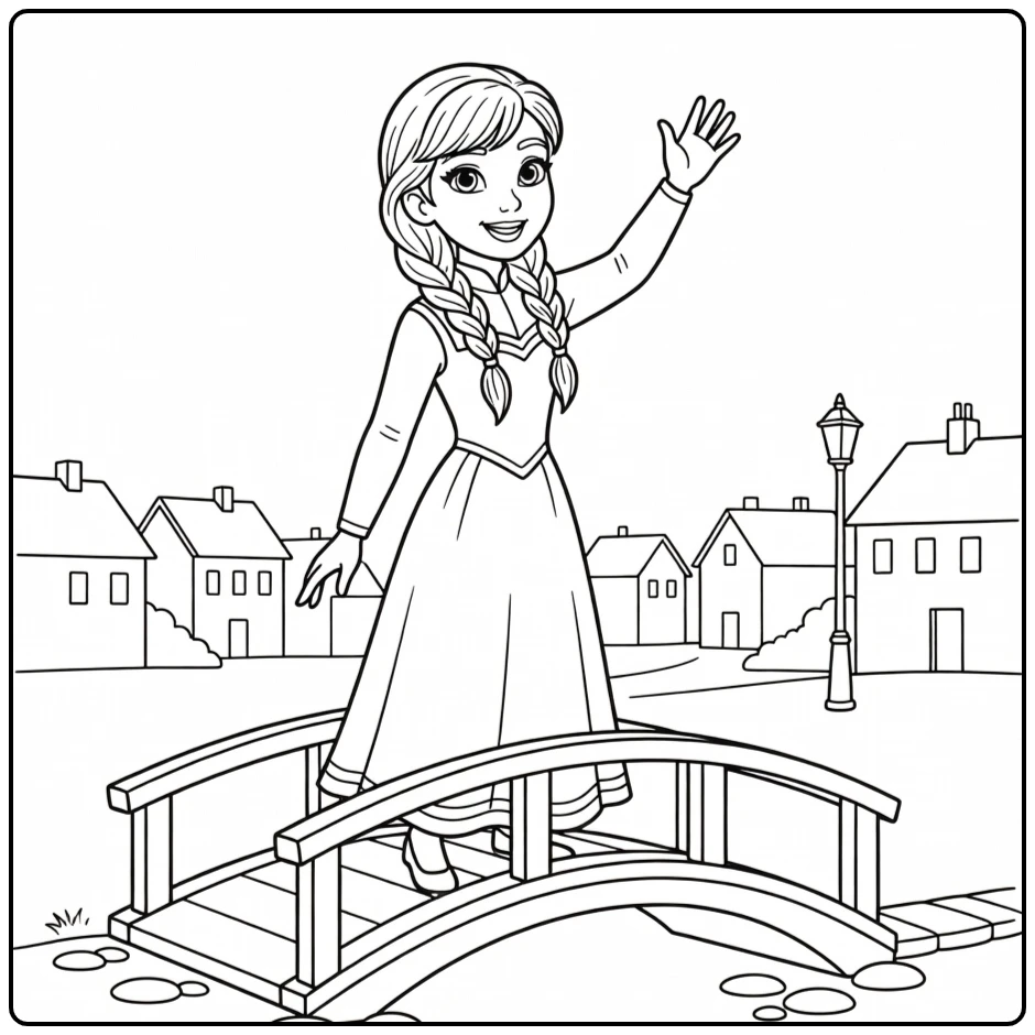 Smiling Anna on a Bridge in the Village coloring page