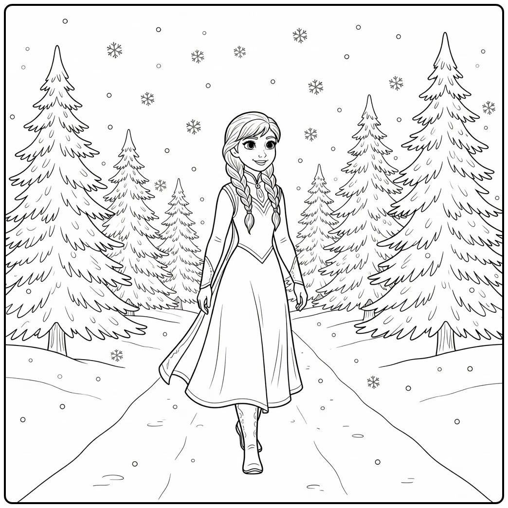 Anna Walking Through a Winter Snowy Forest coloring page