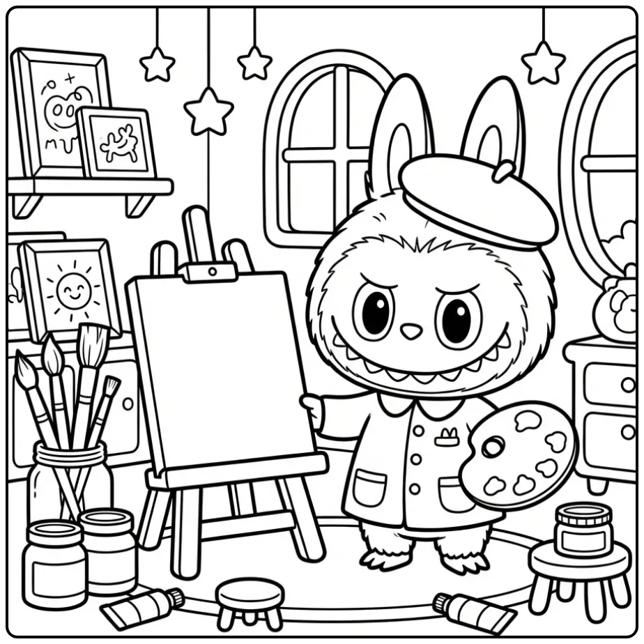 Artistic Labubu in Clothes at an Art Studio coloring page