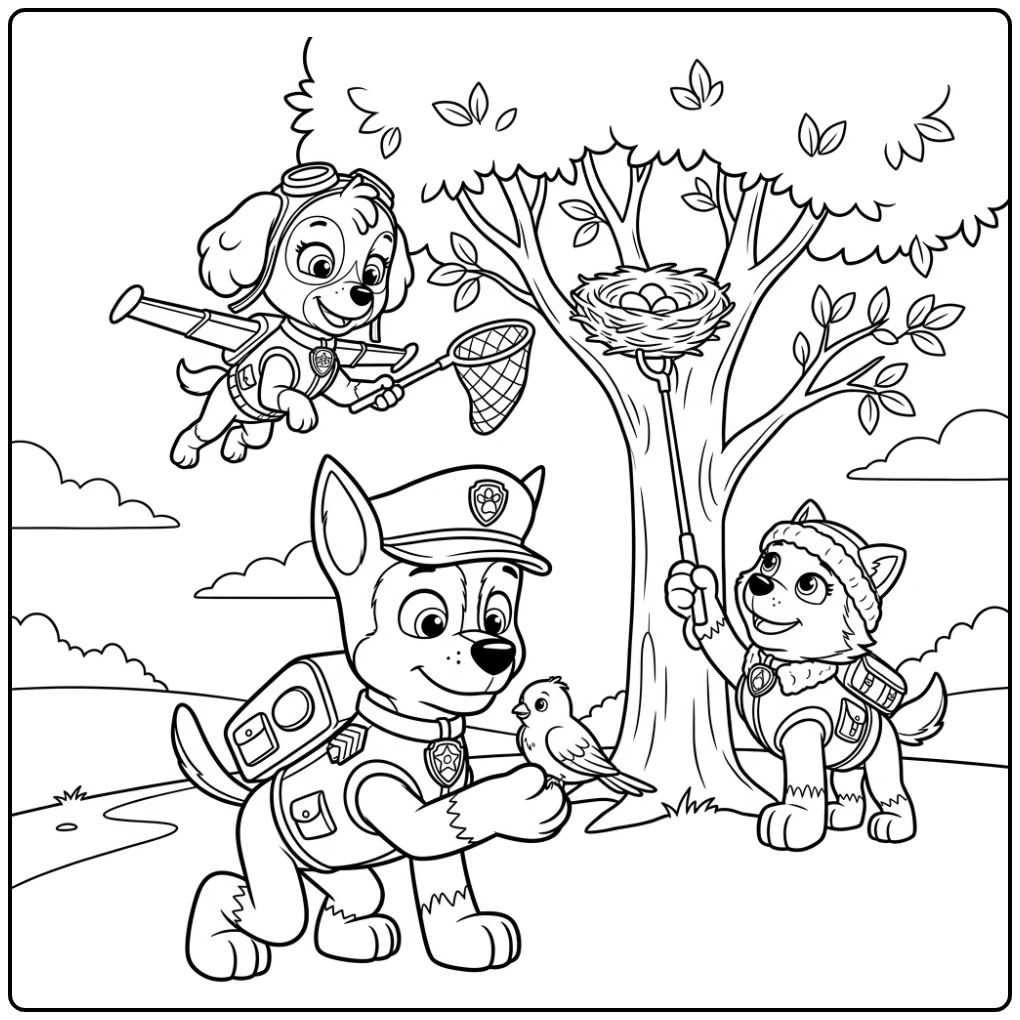 Adventure Paw Patrol Chase Helping Fallen Bird coloring page