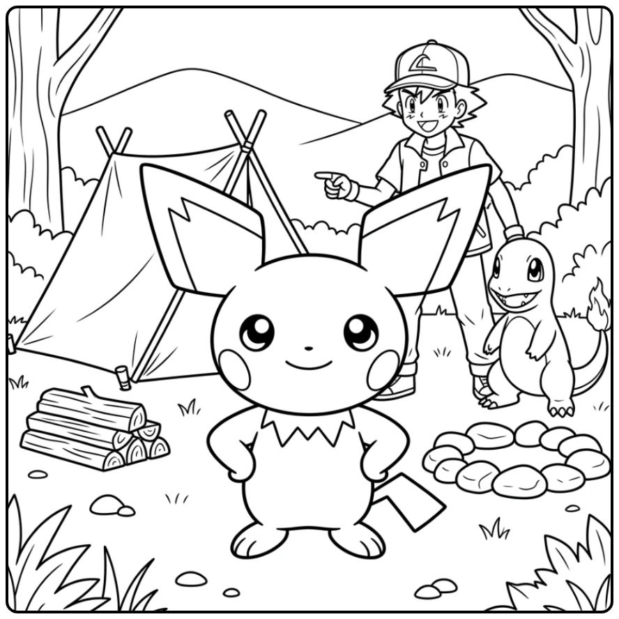 Adventurously Camping Pichu for Young Fans coloring page