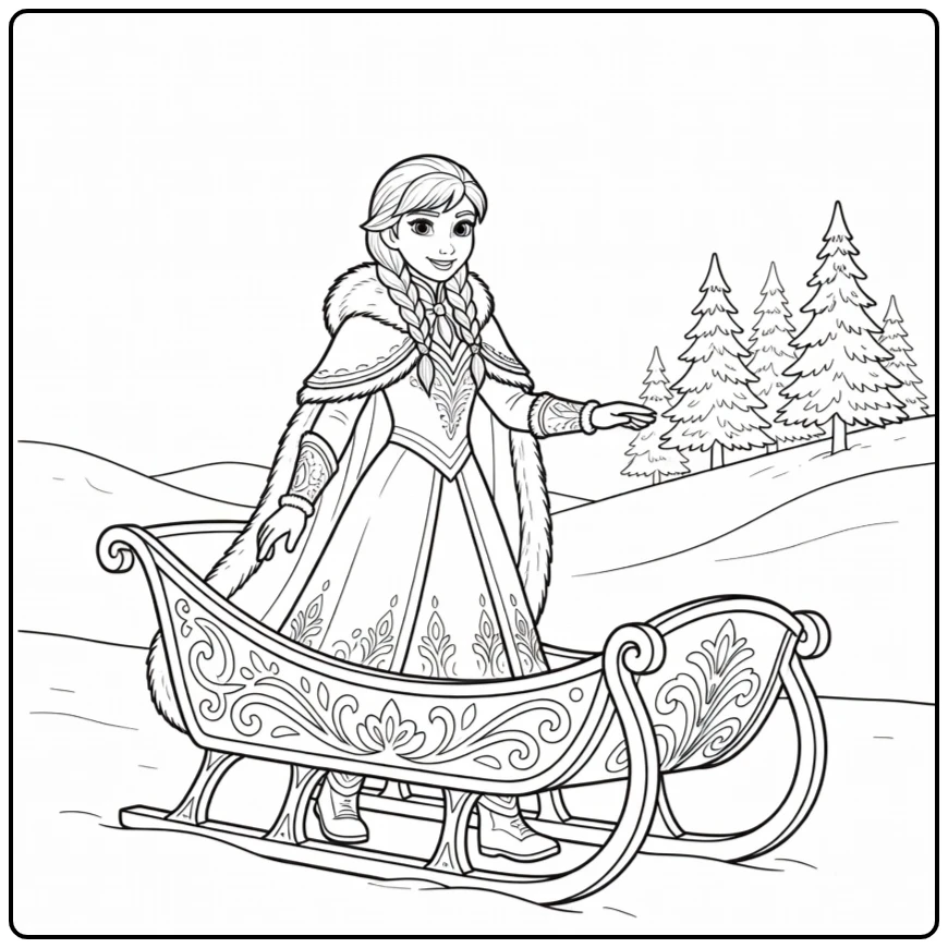Adventurous Anna Sleigh and Pine Trees coloring page