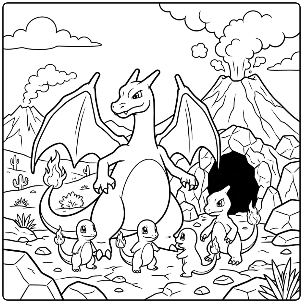 Adventurous Charizard Volcano Cave with Family coloring page