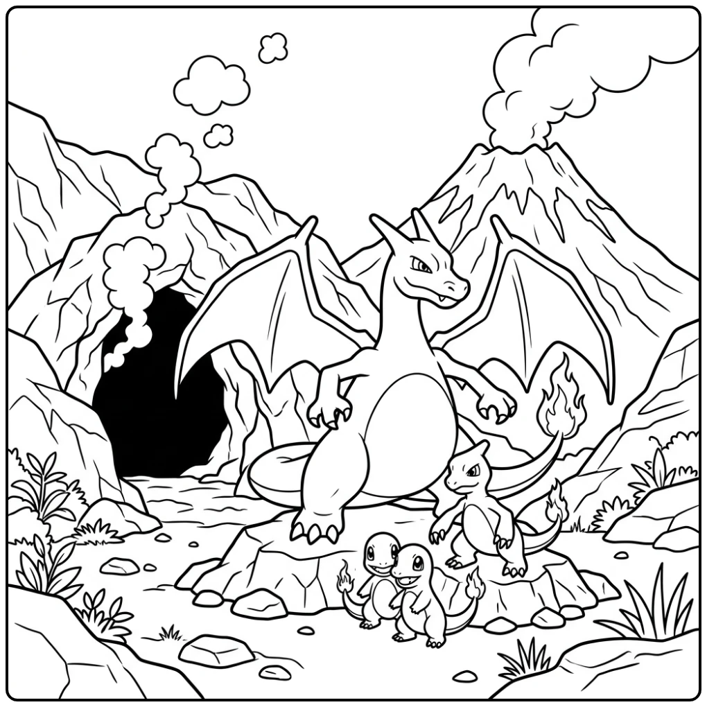 Adventurous Charizard and Family with Volcano coloring page