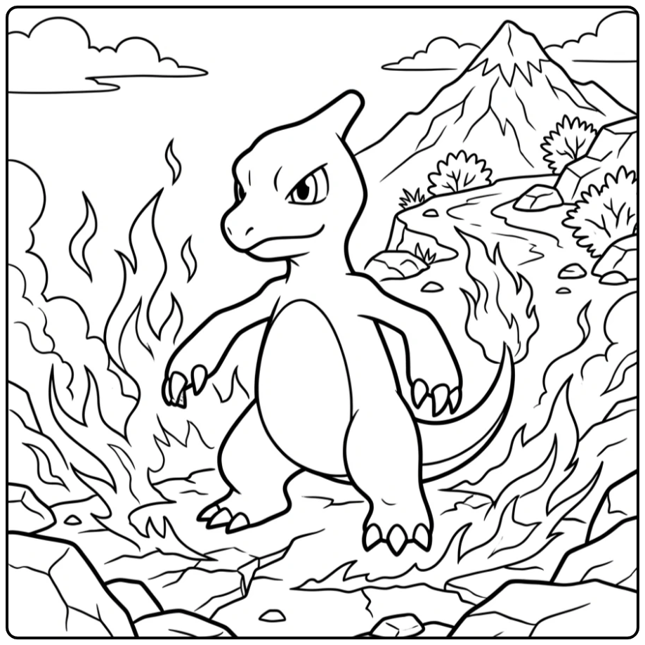 Adventurous Charmeleon in the Mountains coloring page