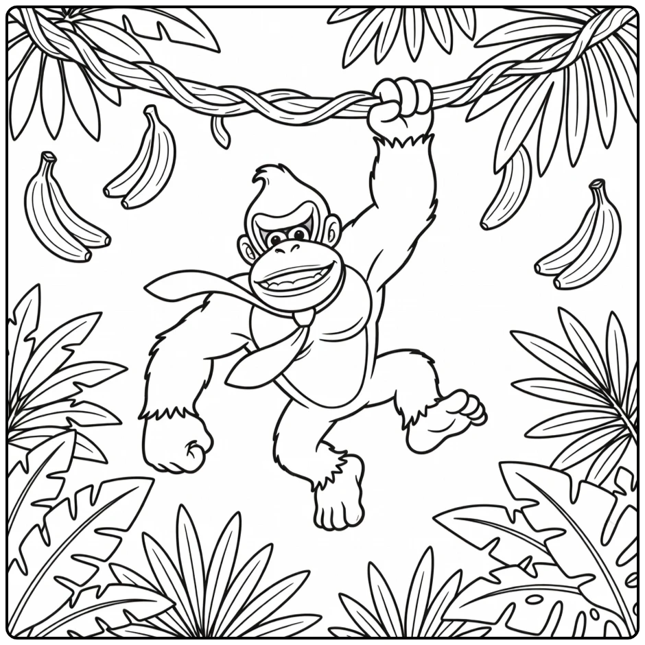 Donkey Kong coloring page with a jungle adventure