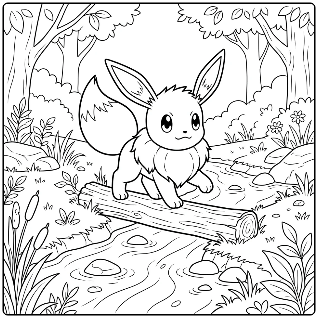 Adventurous Eevee Balancing Over a Small Stream coloring page