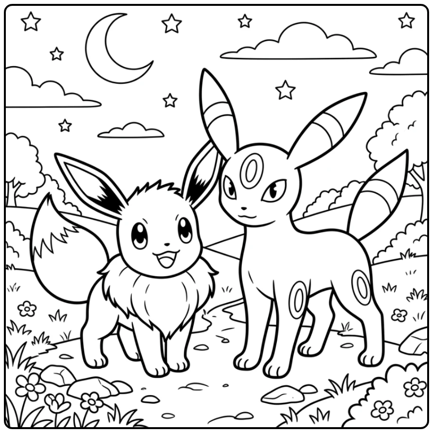 Adventurous Eevee and Umbreon with Night coloring page