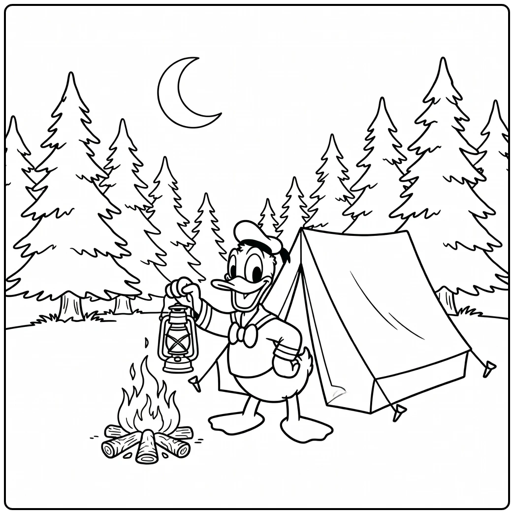 Detailed Donald Duck Camping Under the Stars coloring page