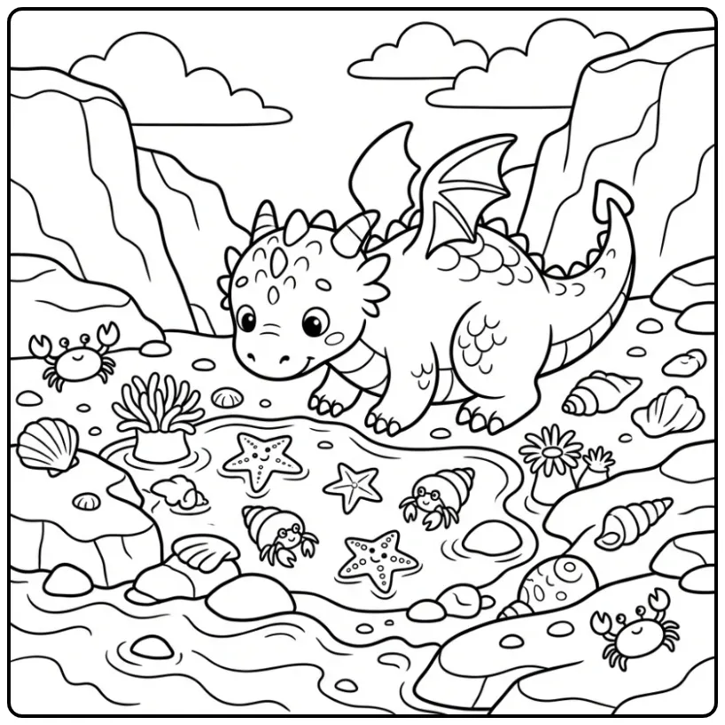 Adventurous Dragon at Sea with Shells coloring page