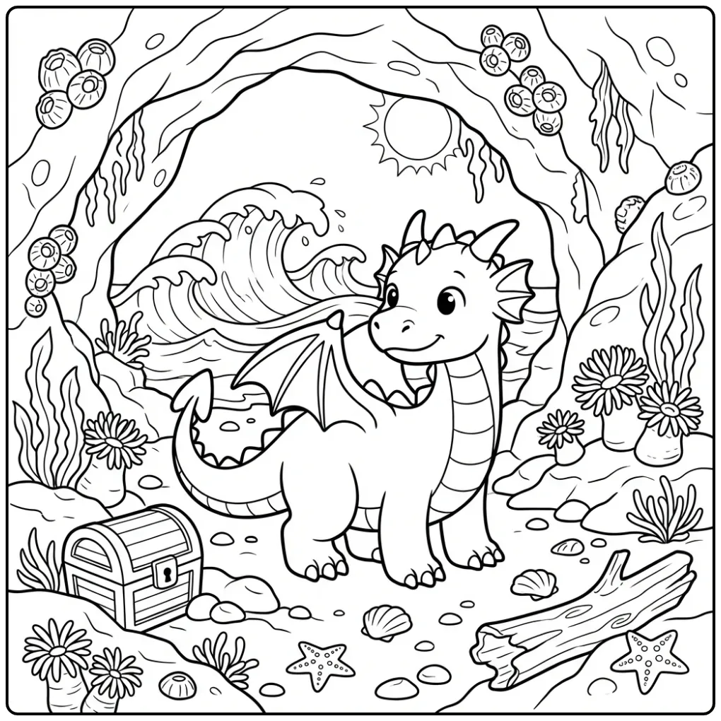 Adventurous Dragon in a Sea Cave coloring page