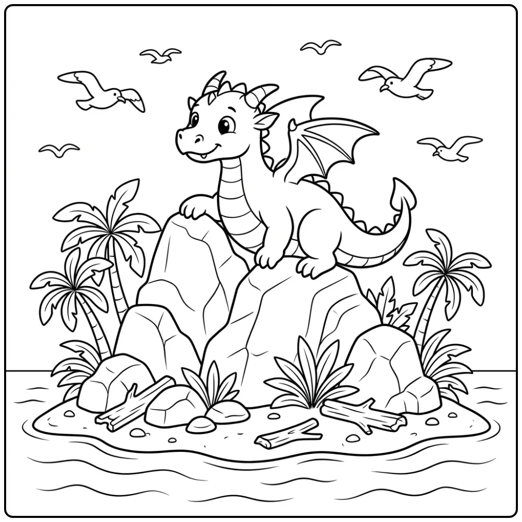 Adventurous Dragon on a Tropical Island coloring page