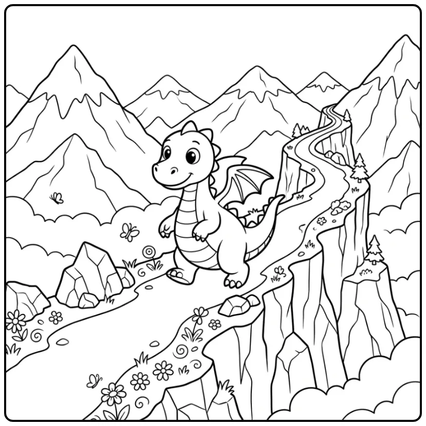 Adventurous Dragon Walking in the Tall Mountains coloring page