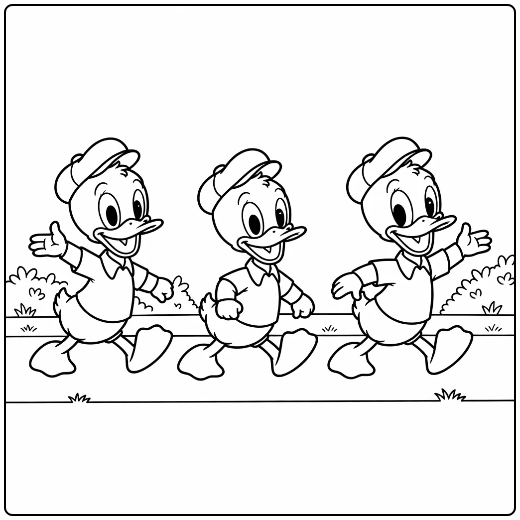 Adventurous Huey, Dewey, and Louie in the Row coloring page
