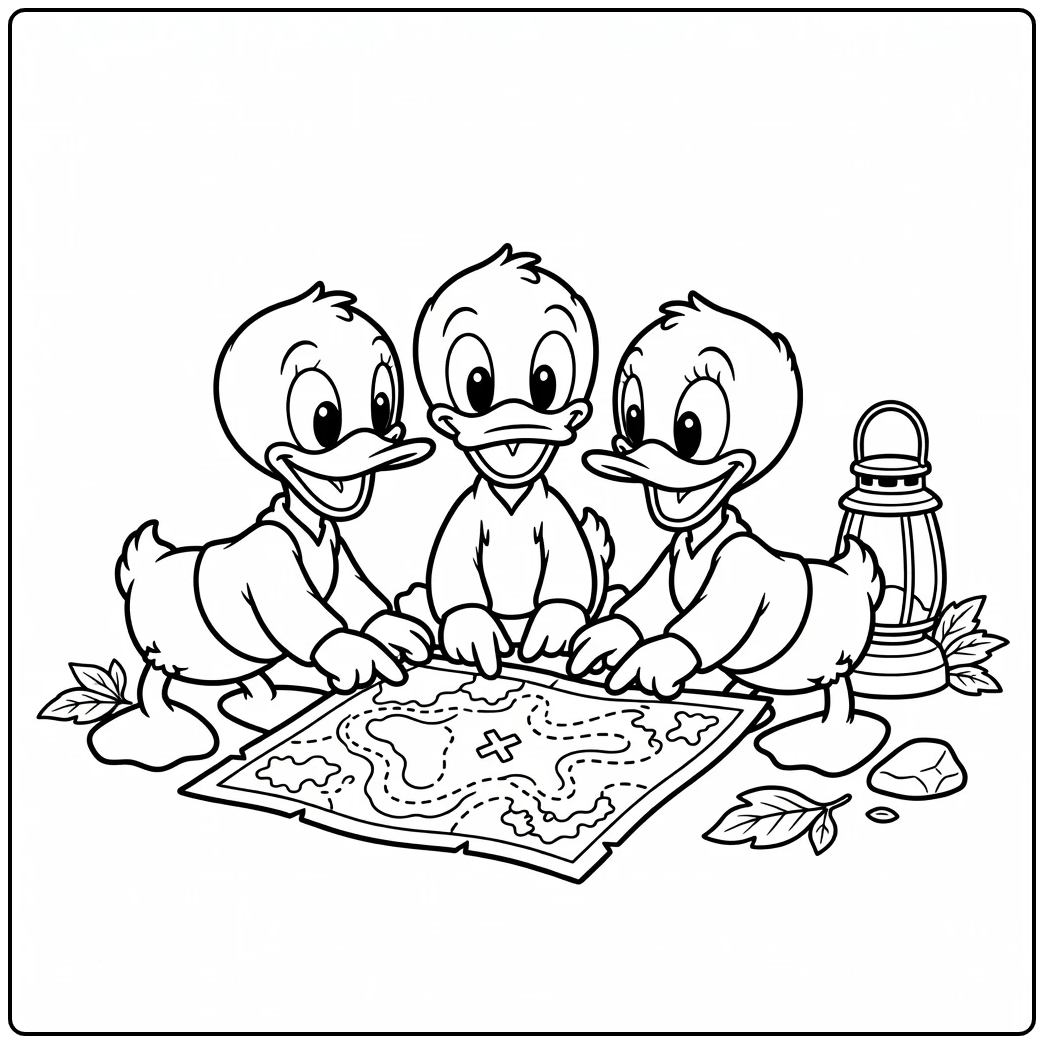 Adventurous Huey, Dewey, and Louie Quest Toward Treasure coloring page