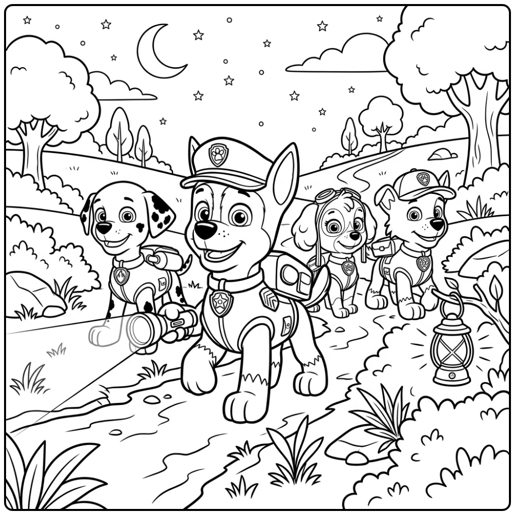 Adventurous Paw Patrol Chase and Friends Searching Lantern coloring page