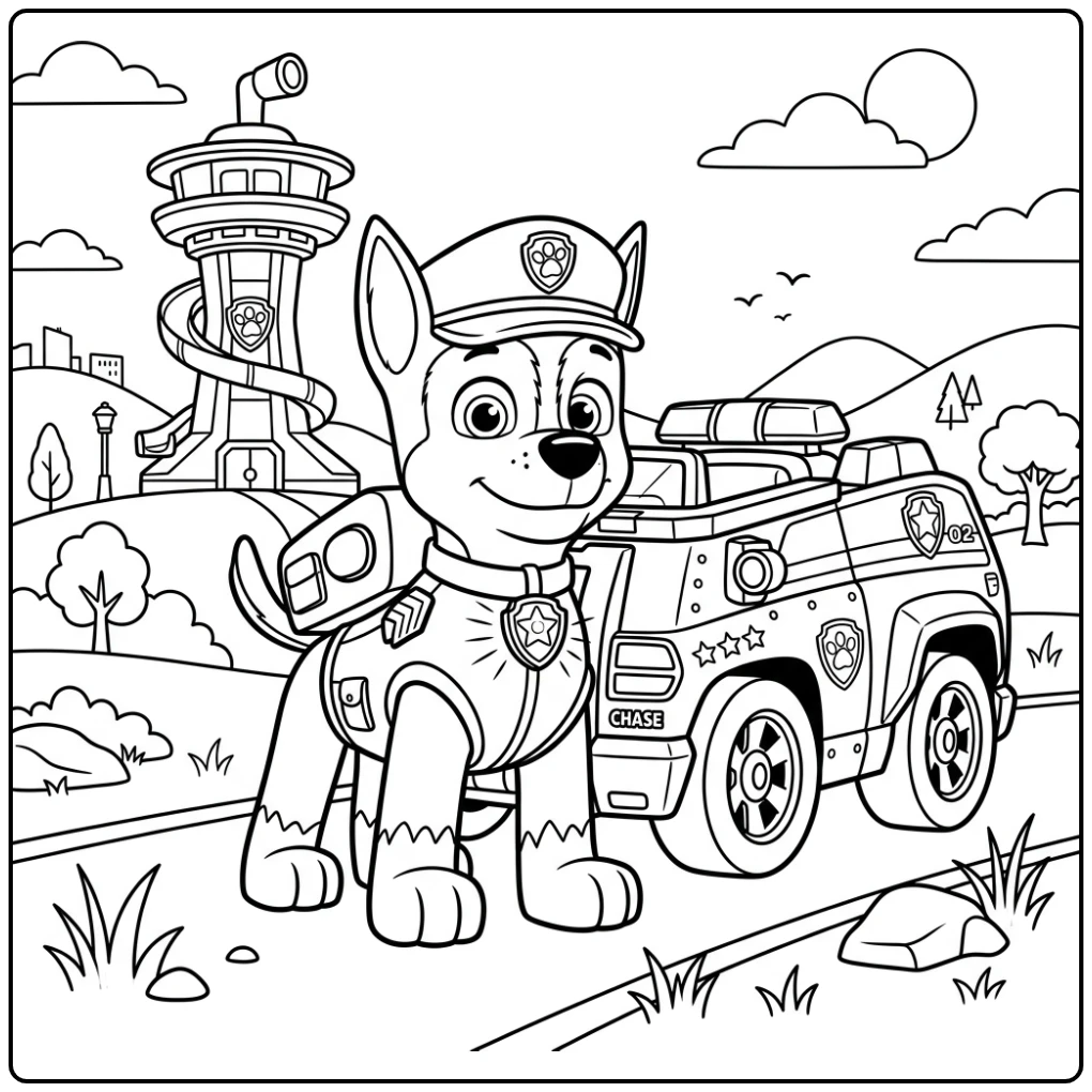Adventurous Paw Patrol Chase and His Loyal Cruiser coloring page