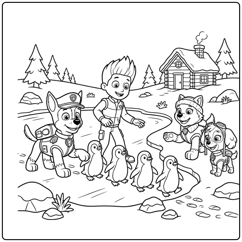 Adventurous Paw Patrol Chase with Penguins and Friends coloring page