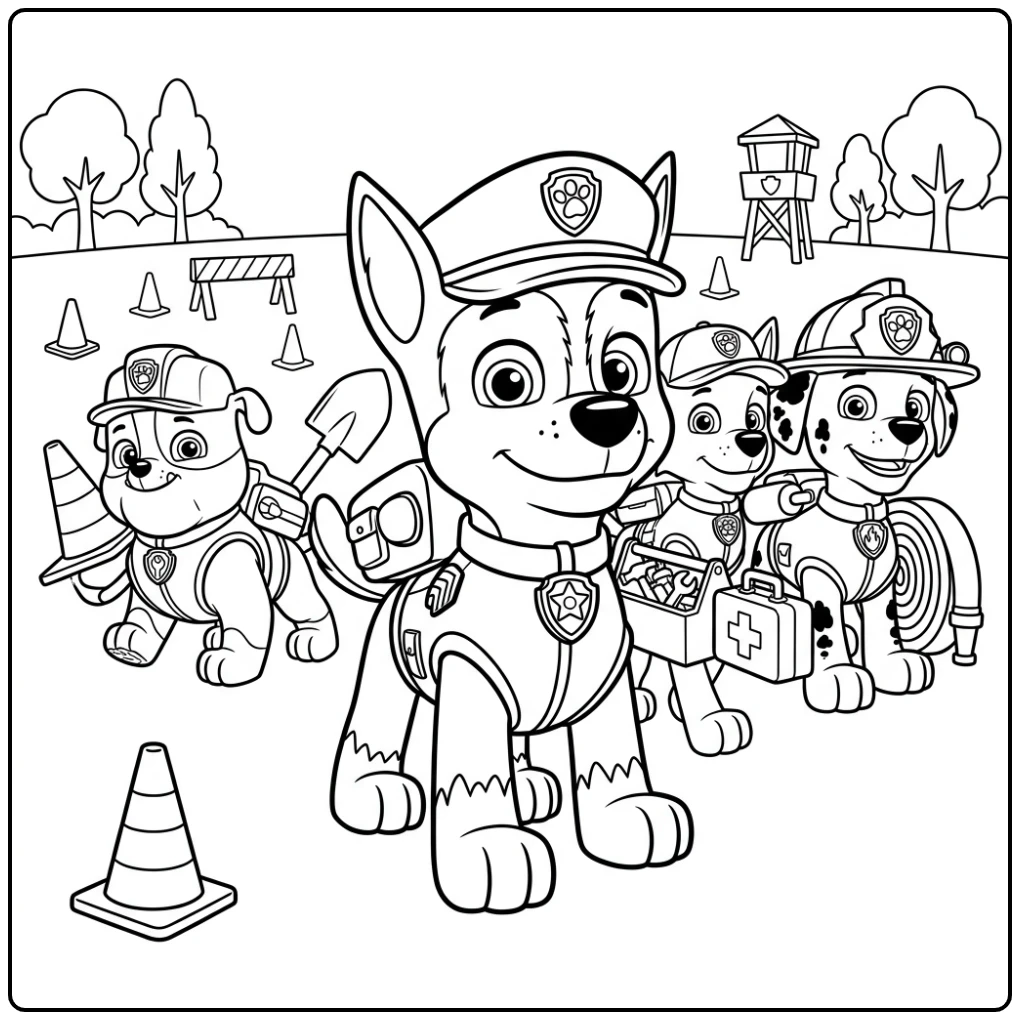 Adventurous Paw Patrol Chase with Training Team coloring page