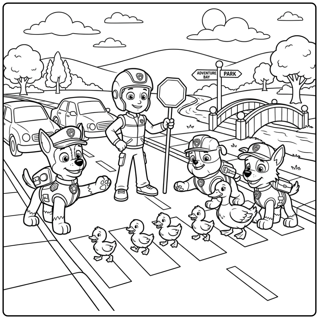 Adventurous Paw Patrol Chase with Friends and Ducklings coloring page