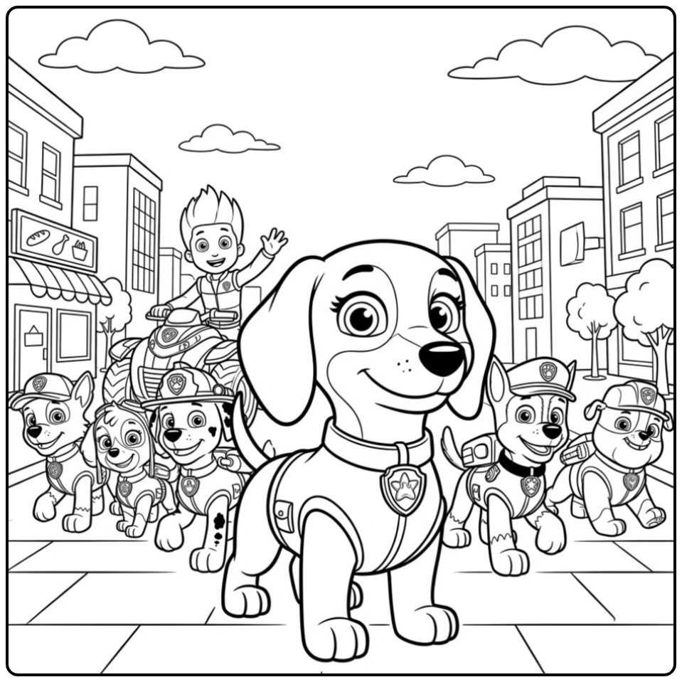Adventurous Paw Patrol Liberty with Ryder in Front coloring page