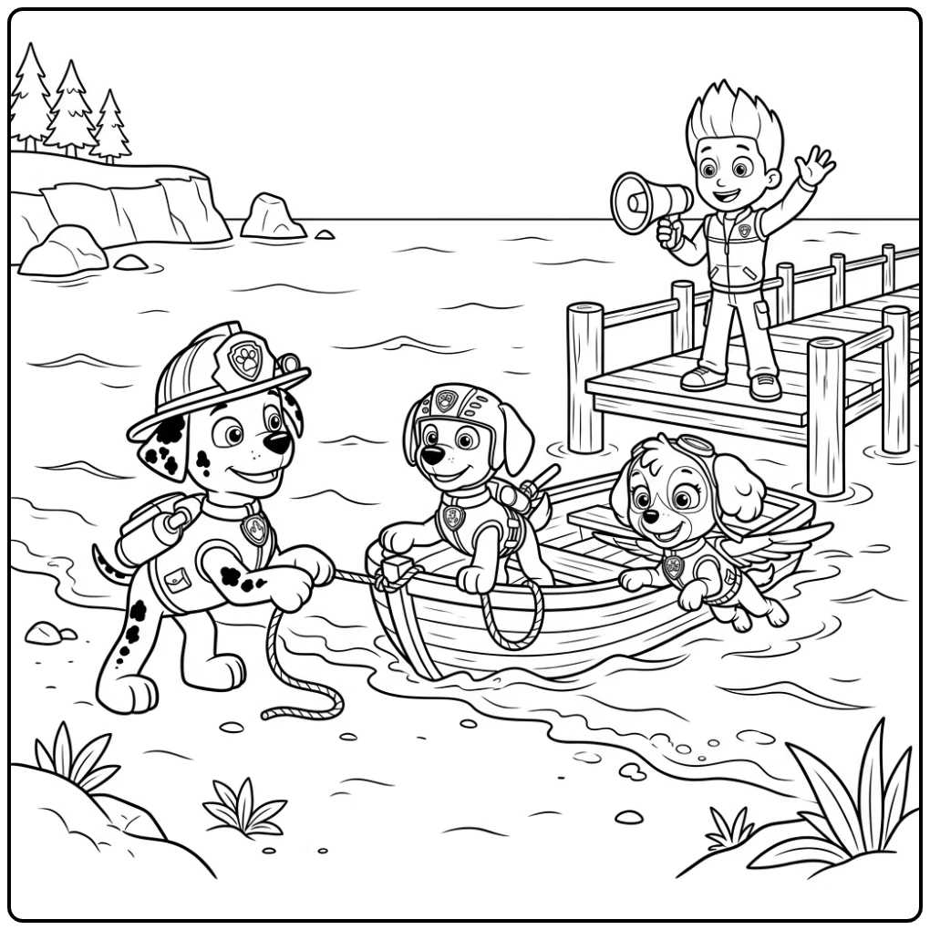 Adventurous Paw Patrol Marshall with the Team coloring page