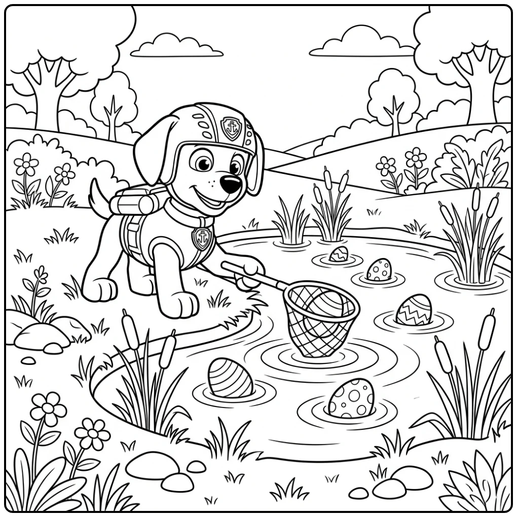 Adventurous Paw Patrol Easter Zuma and Eggs coloring page