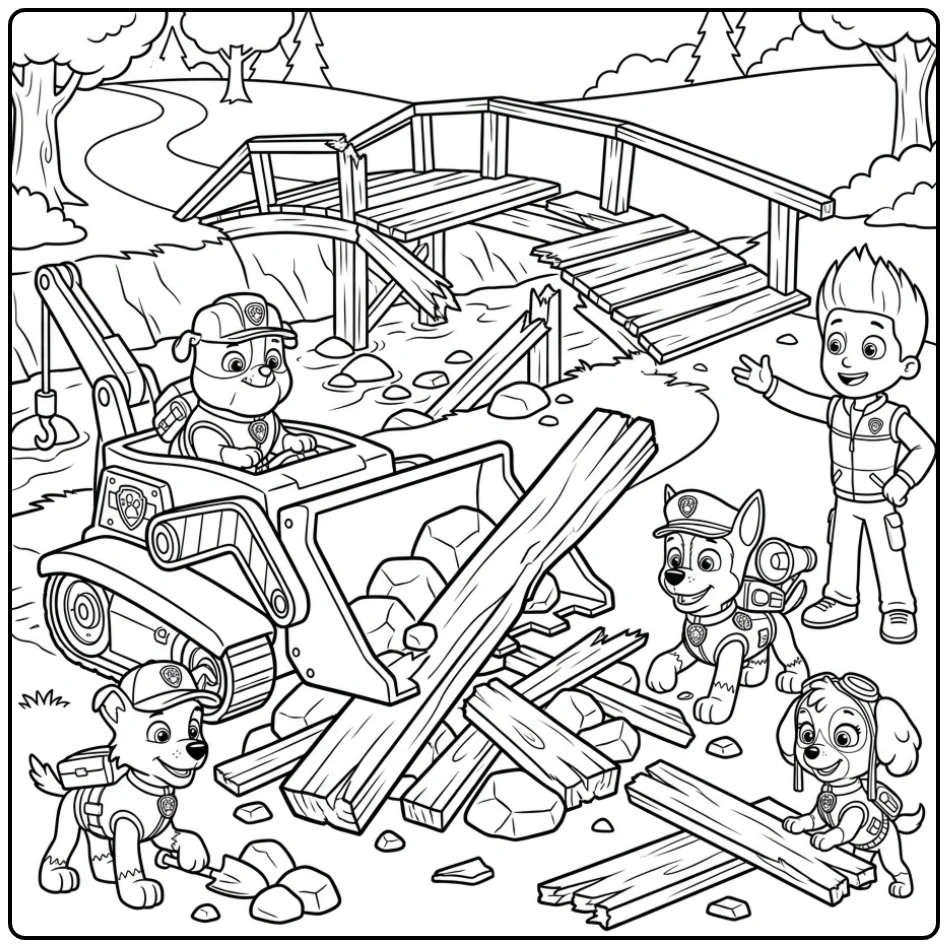Adventurous Paw Patrol Rubble with Bridge Repair coloring page