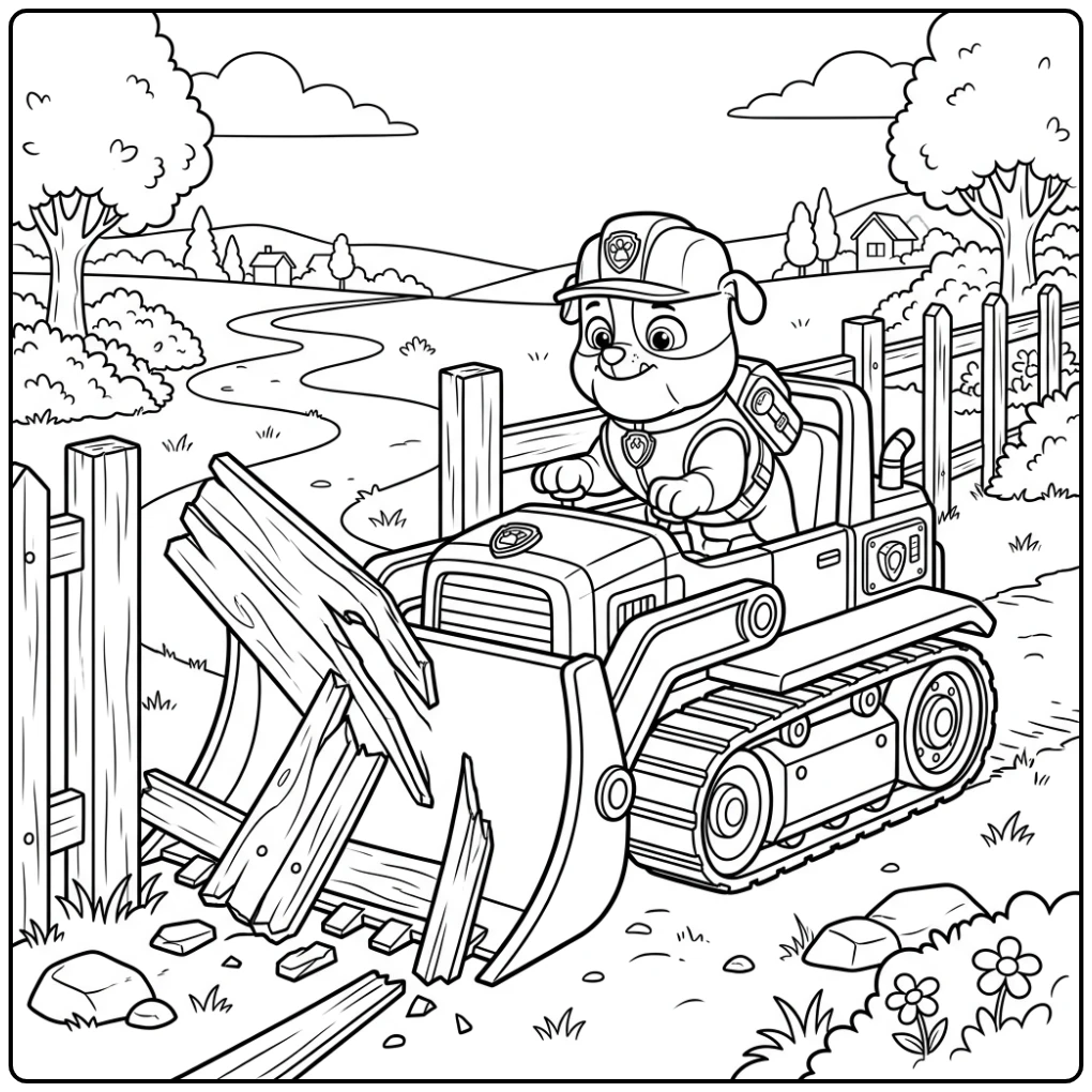 Adventurous Paw Patrol Rubble Repairing the Fence coloring page