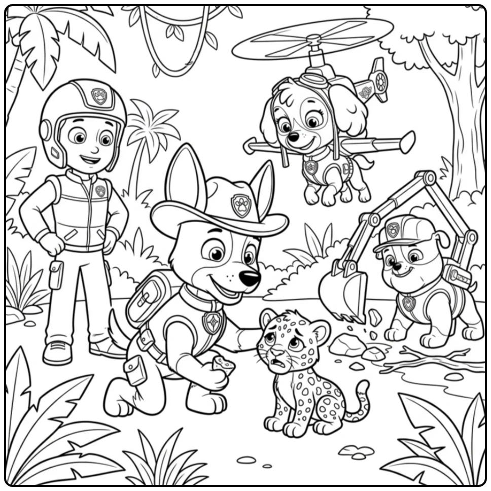 Adventurous Paw Patrol Tracker with Ryder and Team coloring page