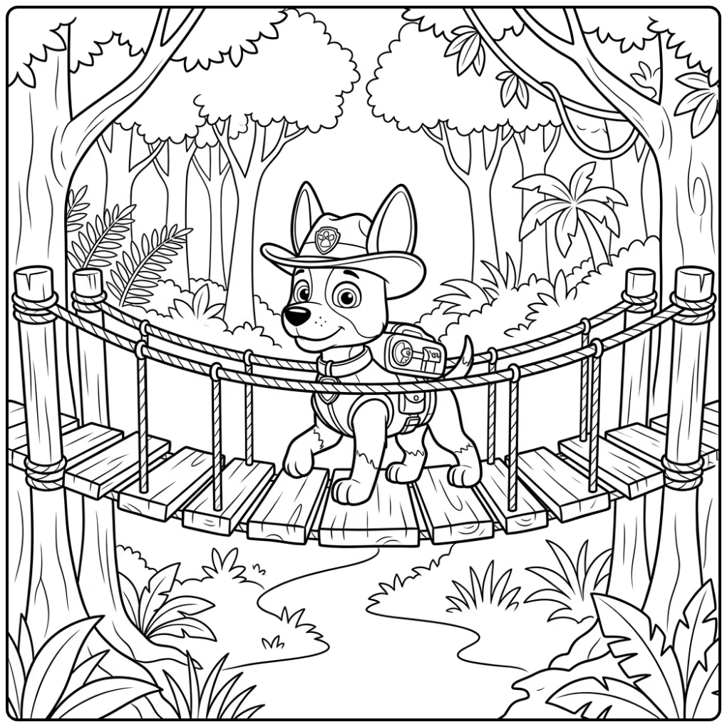 Adventurous Paw Patrol Tracker on Wooden Jungle Bridge coloring page