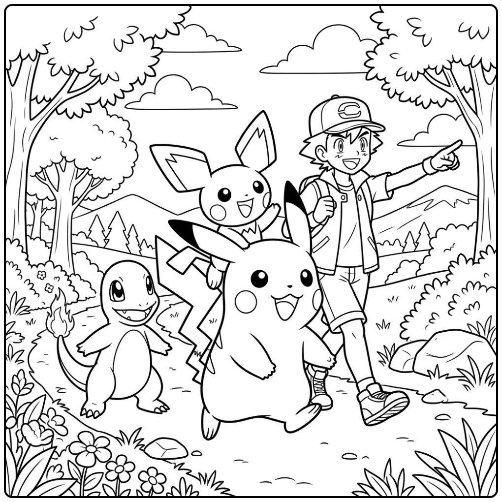 Adventurous Pichu Pikachu and Charmander coloring page