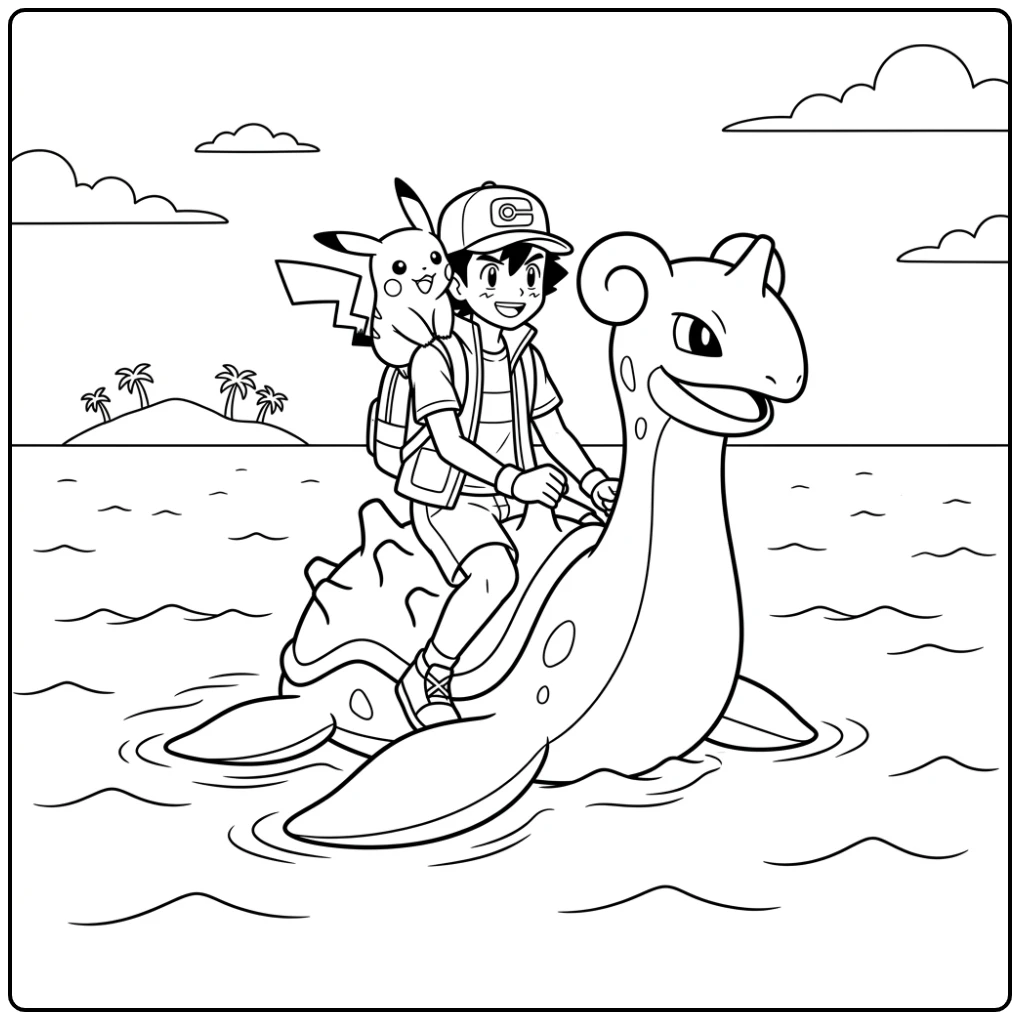Adventurous Pokemon Ash and Lapras on Sea coloring page