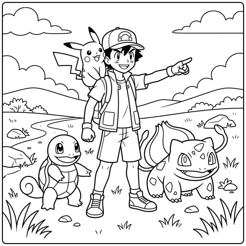 Adventurous Pokemon Ash and His Friends Waiting coloring page