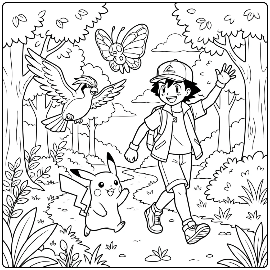 Adventurous Pokemon Ash with Pikachu in Forest coloring page
