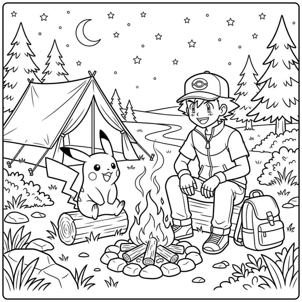 Adventurous Pokemon Ash Pikachu with Campfire coloring page