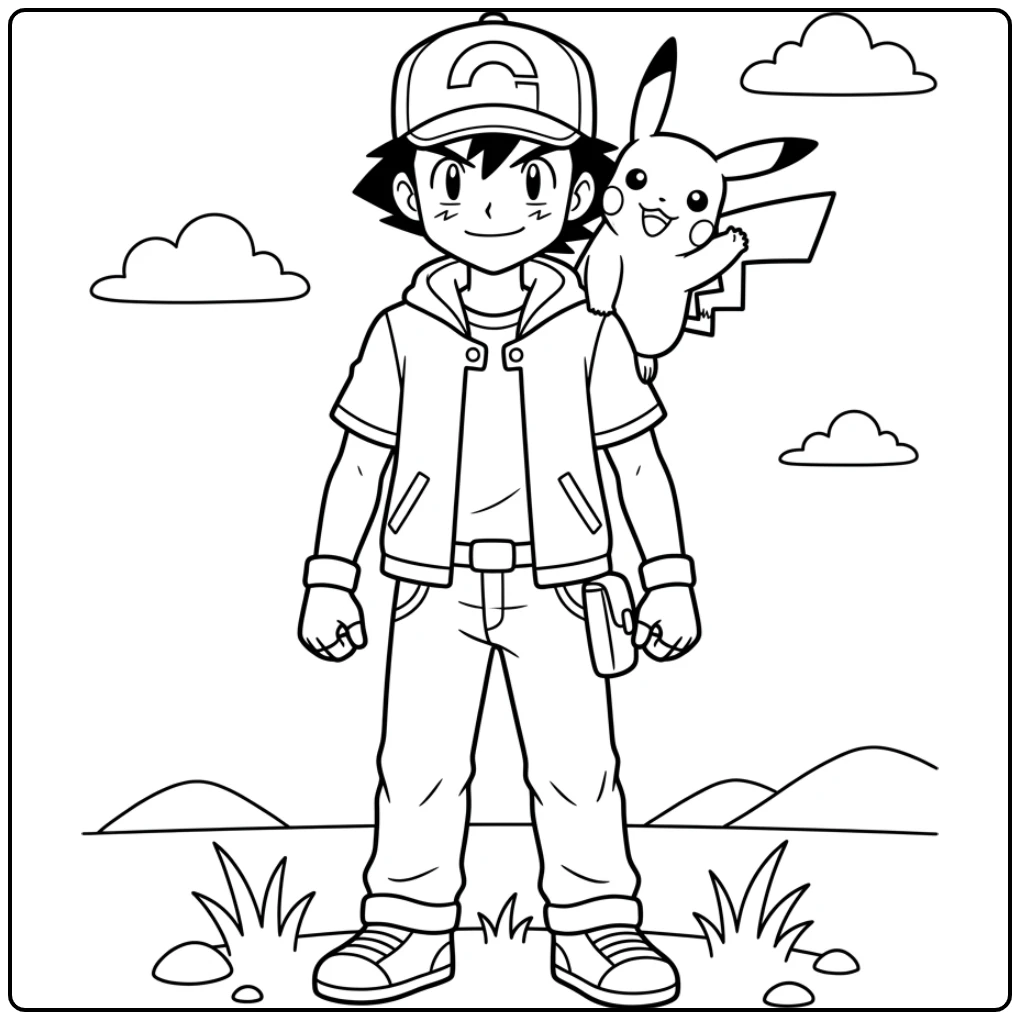 Adventurous Pokemon Ash with Pikachu on His Shoulder coloring page